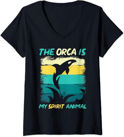 Womens The Orca Is My Spirit Animal Retro Ocean Animal Gift Orca V-Neck T-Shirt