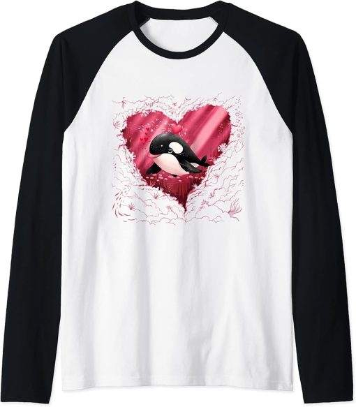 Orca Heart Funny Valentines Day Men Love orca Gifts Red Love Raglan Baseball Tee