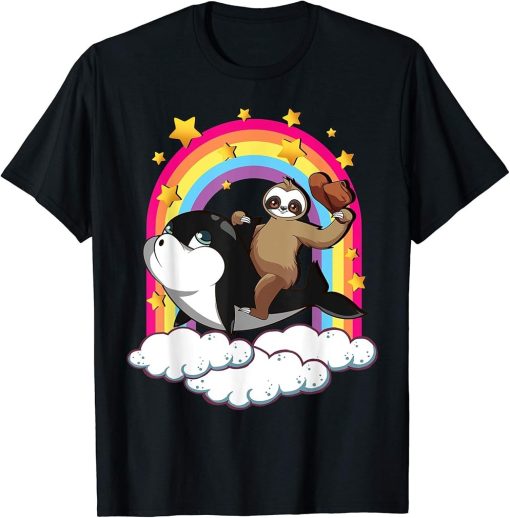 Funny Cowboy Sloth Riding Orca Whale Rainbow Kids Teen T-Shirt