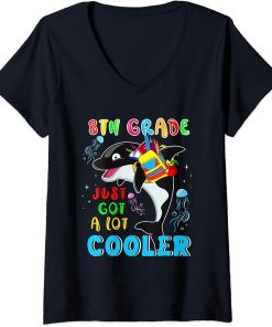 Womens 8th Grade Just Got A Lot Cooler Cute Orca Wearing School Bag V-Neck T-Shirt