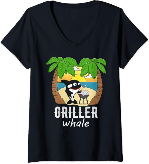 Womens Funny whale griller whale fun bbq barbecue orca whale fish V-Neck T-Shirt