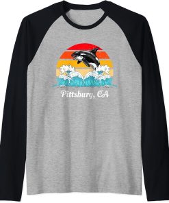 Vintage Pittsburg CA Distressed Orca Killer Whale Art Raglan Baseball Tee